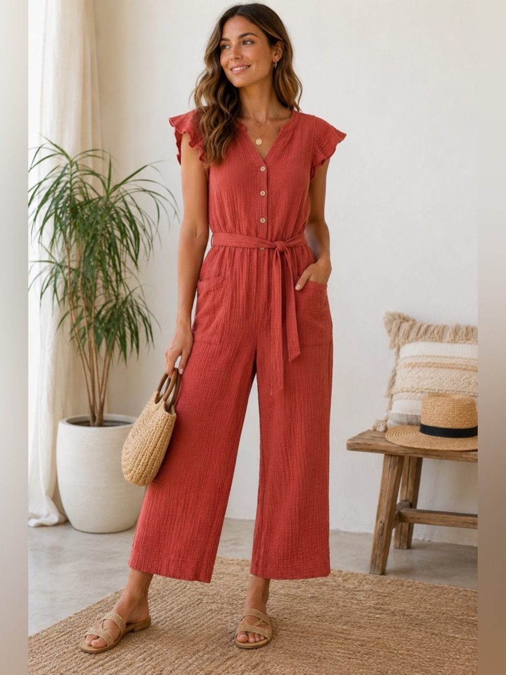 All in Favor Size S 100% Cotton Gauze Terracotta  Rust Boho Tie Waist Jumpsuit